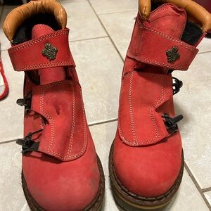 Swiss Alp Red Leather Hiking Boots with Leaf Emblem
